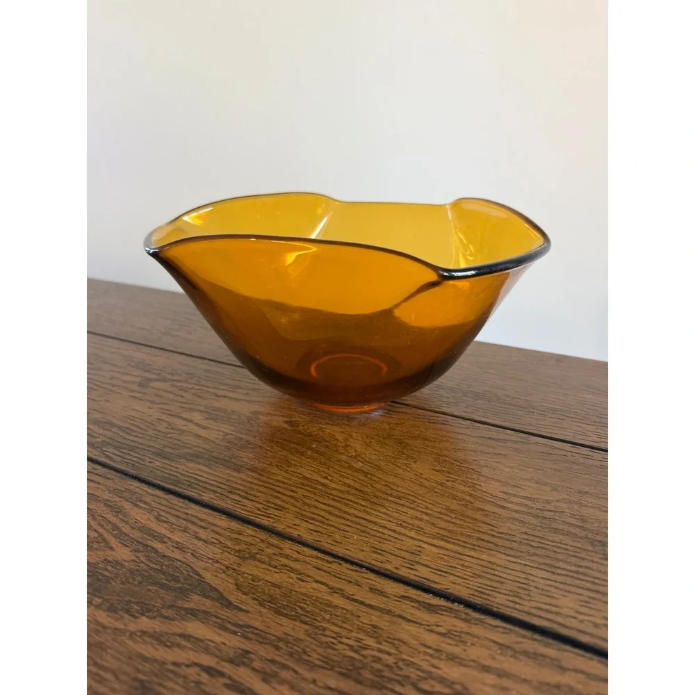 Amber Glass bowl MCM Tri-Corner Art Glass Centerpiece heavy thick